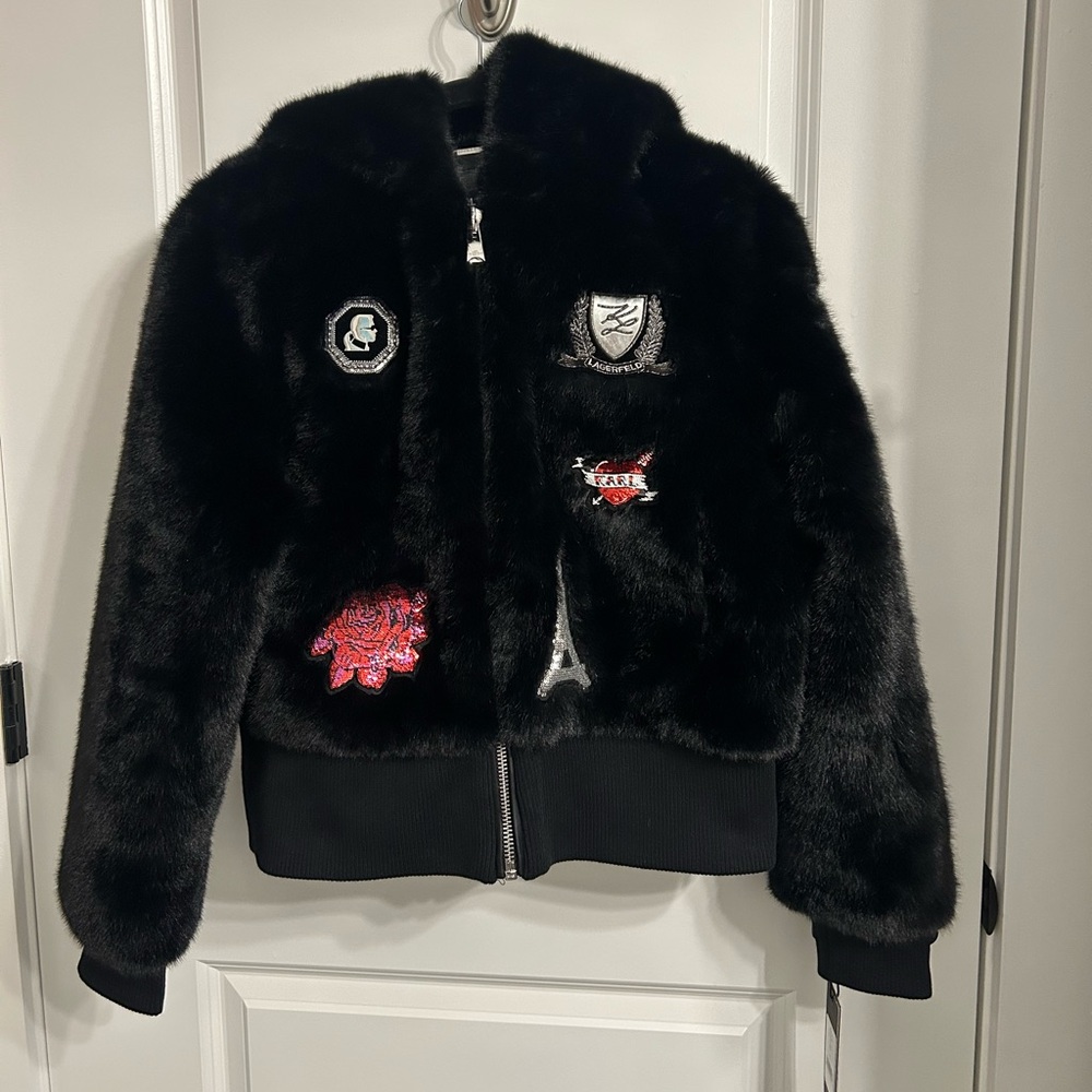 Karl Lagerfeld Faux Fur Logo Patch Bomber Jacket